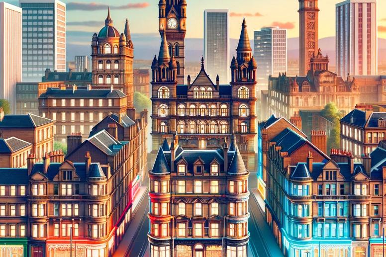 A picturesque image of Glasgow City showcasing a variety of hotels Glasgow City centre cheap. The scene includes a vibrant cityscape with historic and modern hotel buildings.