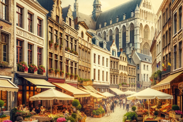 The image capturing a quintessentially European scene, with a cobblestone street lined with old-world buildings and a lively atmosphere